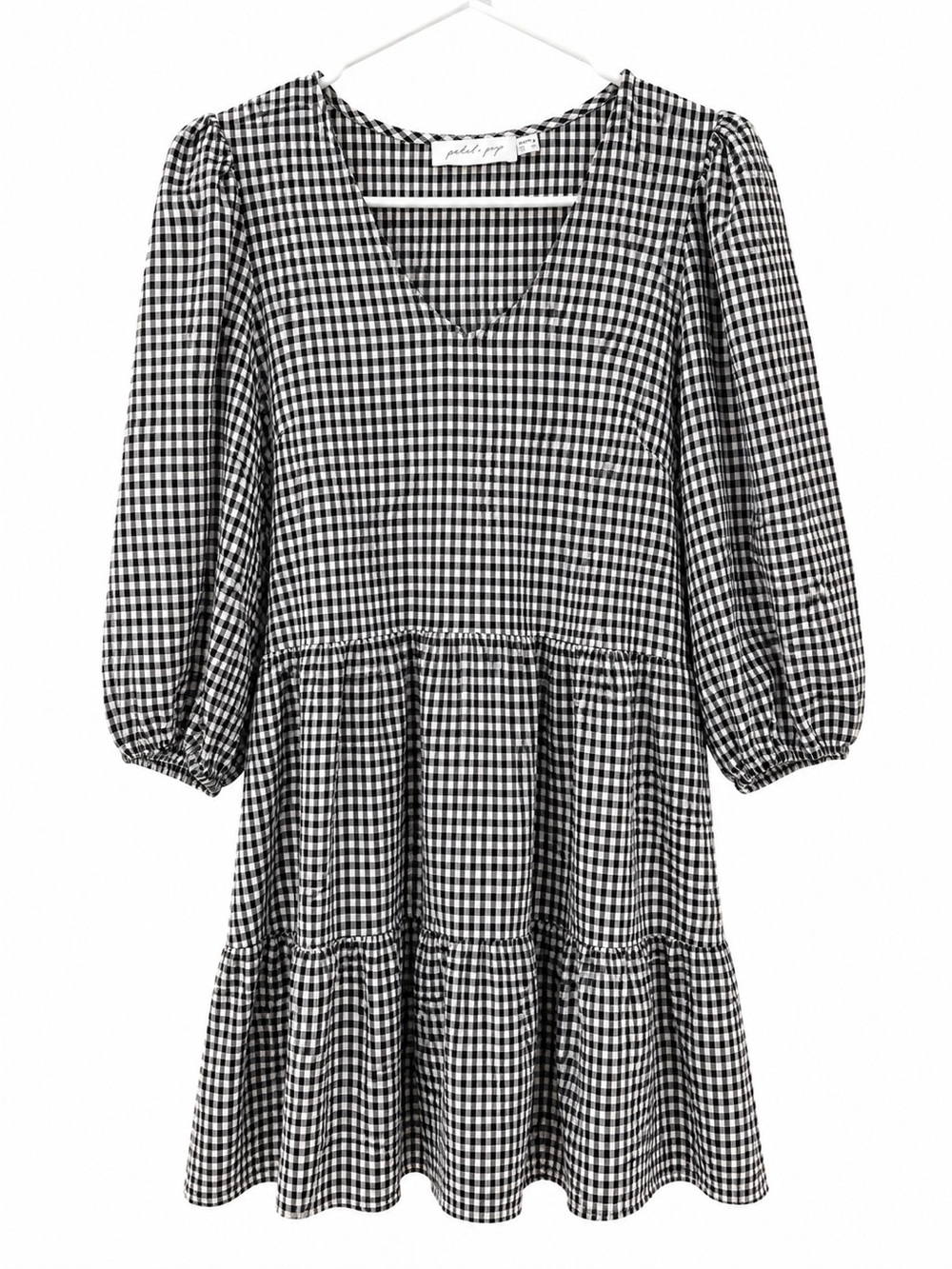Petal & Pup Black & White Gingham V-Neck Tiered Dress w Puff Sleeves Size 6